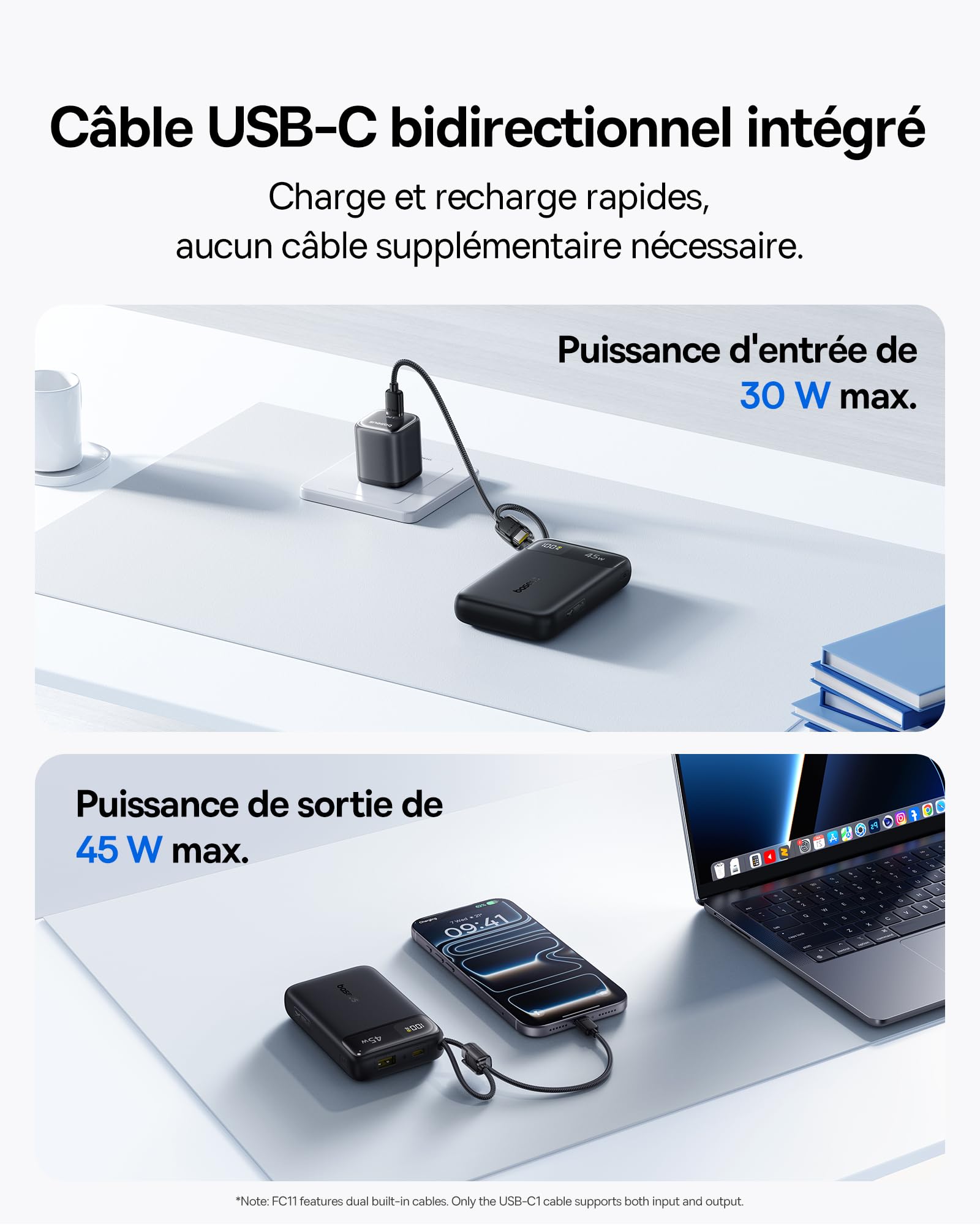 Baseus FC11 Powerbank Compact 45W 20000mAh avec 2 Câbles USB-C Intégrés, CCC Certifiée Batterie Externe PD Charge Rapide, Mini Power Bank pour iPhone 17/16/15 Pro Max, Samsung Galaxy S25/S24, Noir