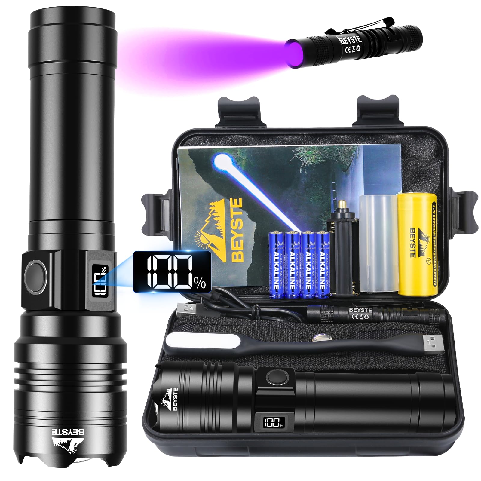 BEYSTE Torcia LED Potente Professionale 1,000,000 Lumens, Torcia LED Ricaricabile USB, Torce LED Alta Potenza Ricaricabili Zoomabile, IPX6 Torcia Tattica Militare Per Campeggio Trekking Emergenza