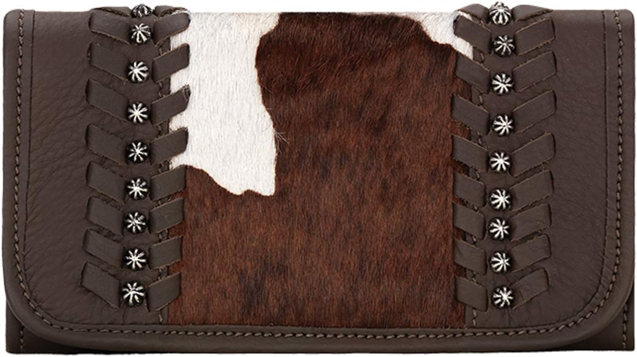 American West Handcrafted Soft 100% Genuine Leather with Hair-On Cowhide Tri-Fold Wallet for Women | Credit Card Slots Cash Pocket and Clear ID Holder | Cow Town Collection | Western (Pony)