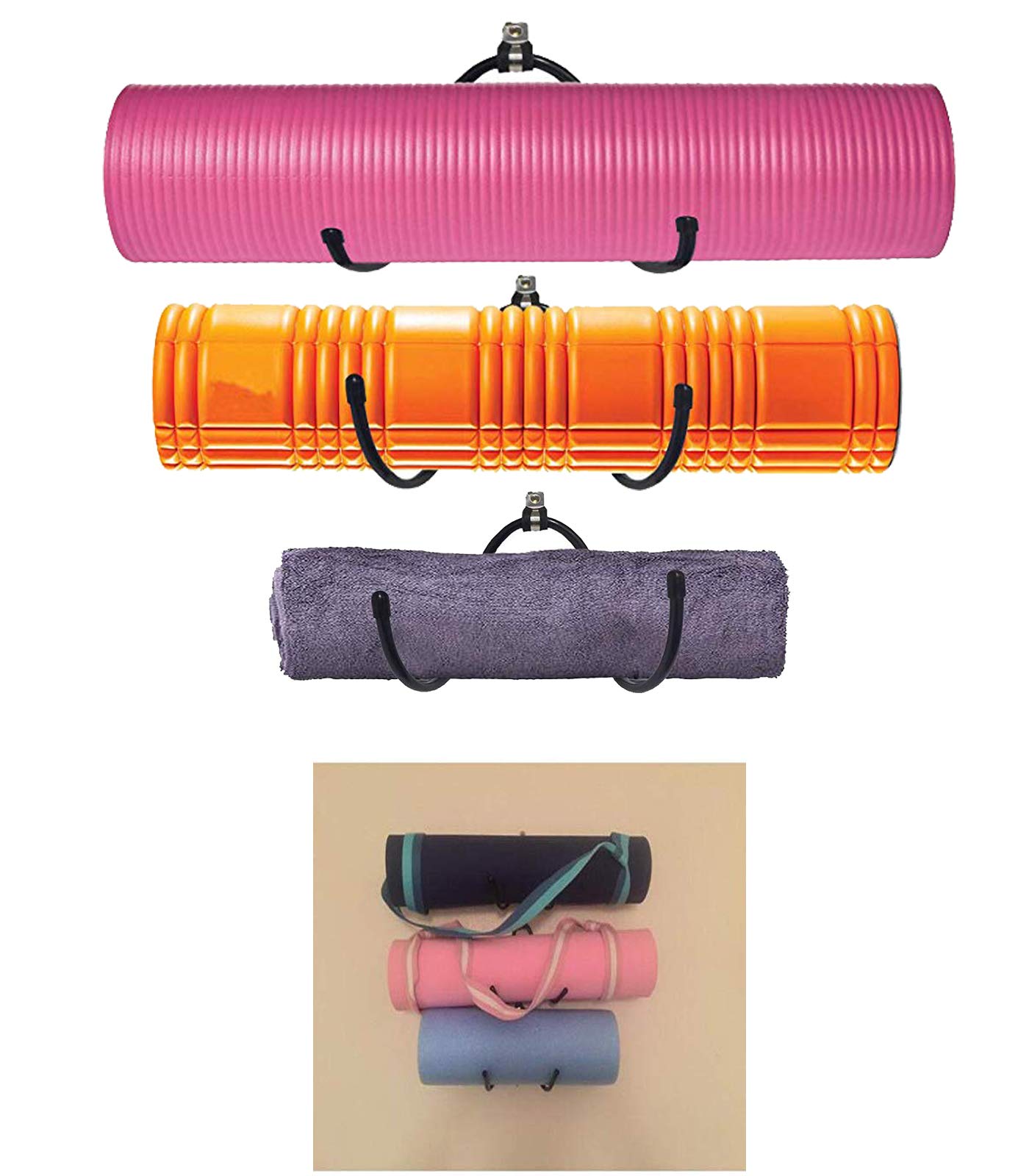 Pmsanzay 3 Pack Wall Mount Foam Roller Holder and Yoga Mat Storage and Towel Rack - Flexible Adjustable Hooks - Ideal for Home, Small Studio,Fitness Class or Commercial use