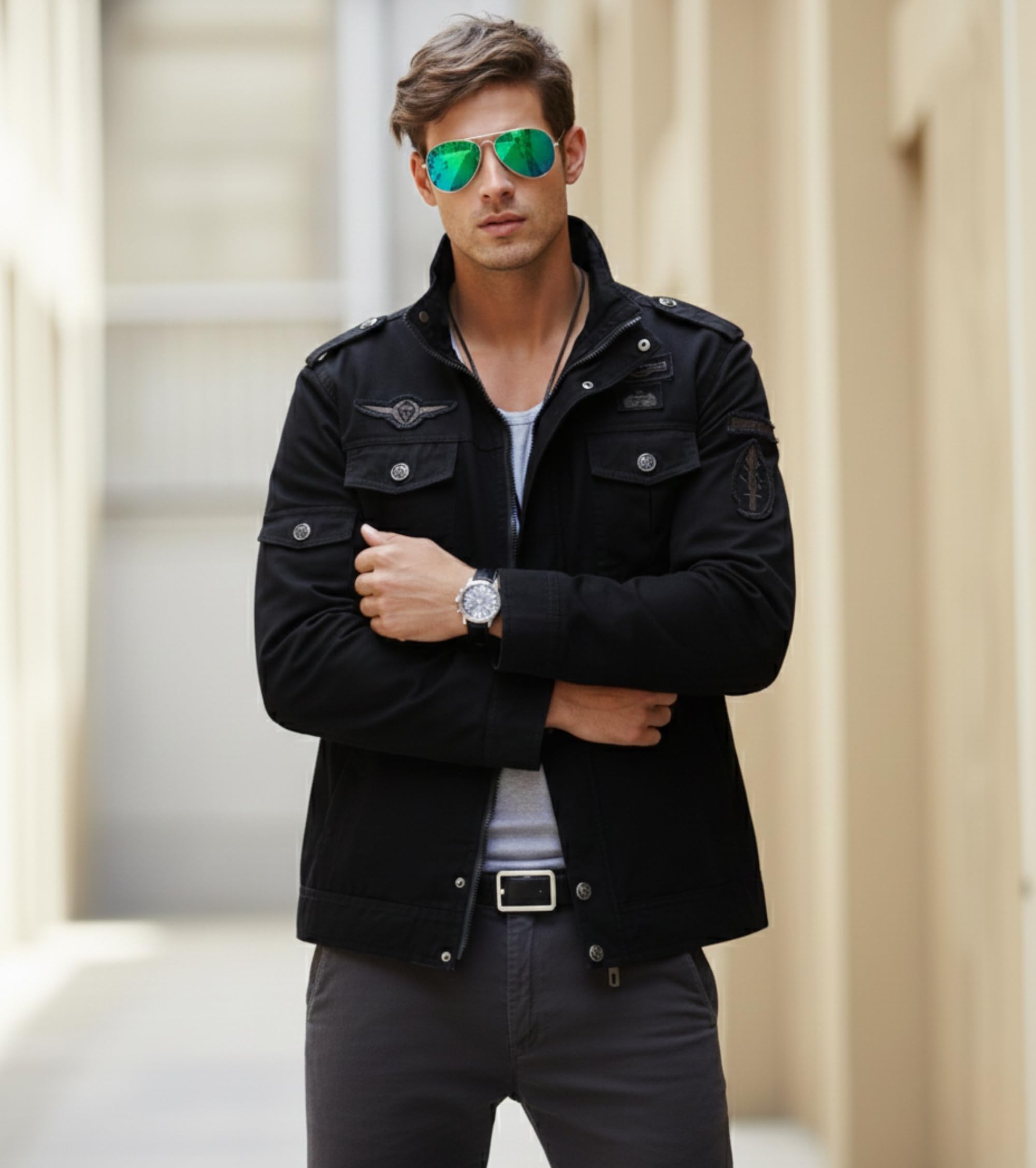 L'MONTE Imported Casual Cotton Military Stand Collar Bomber Jacket for Men (XXL, Black) 2