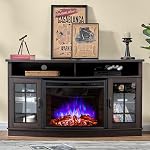 Jocisland Curved Fireplace TV Stand with 26'' Electric Fireplace, Media Entertainment Center Farmhouse Glass Door Storage Cabinet, Open Shelve Console Table for TVs up to 65'', Distressed White
