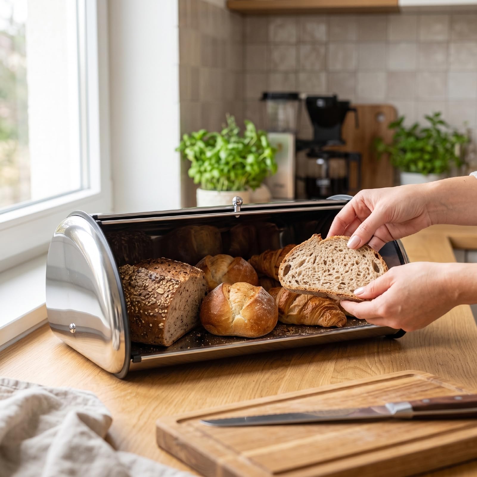 Qcwwy Caja de Pan para Encimera de Cocina con Ventana Transparente, Tapa