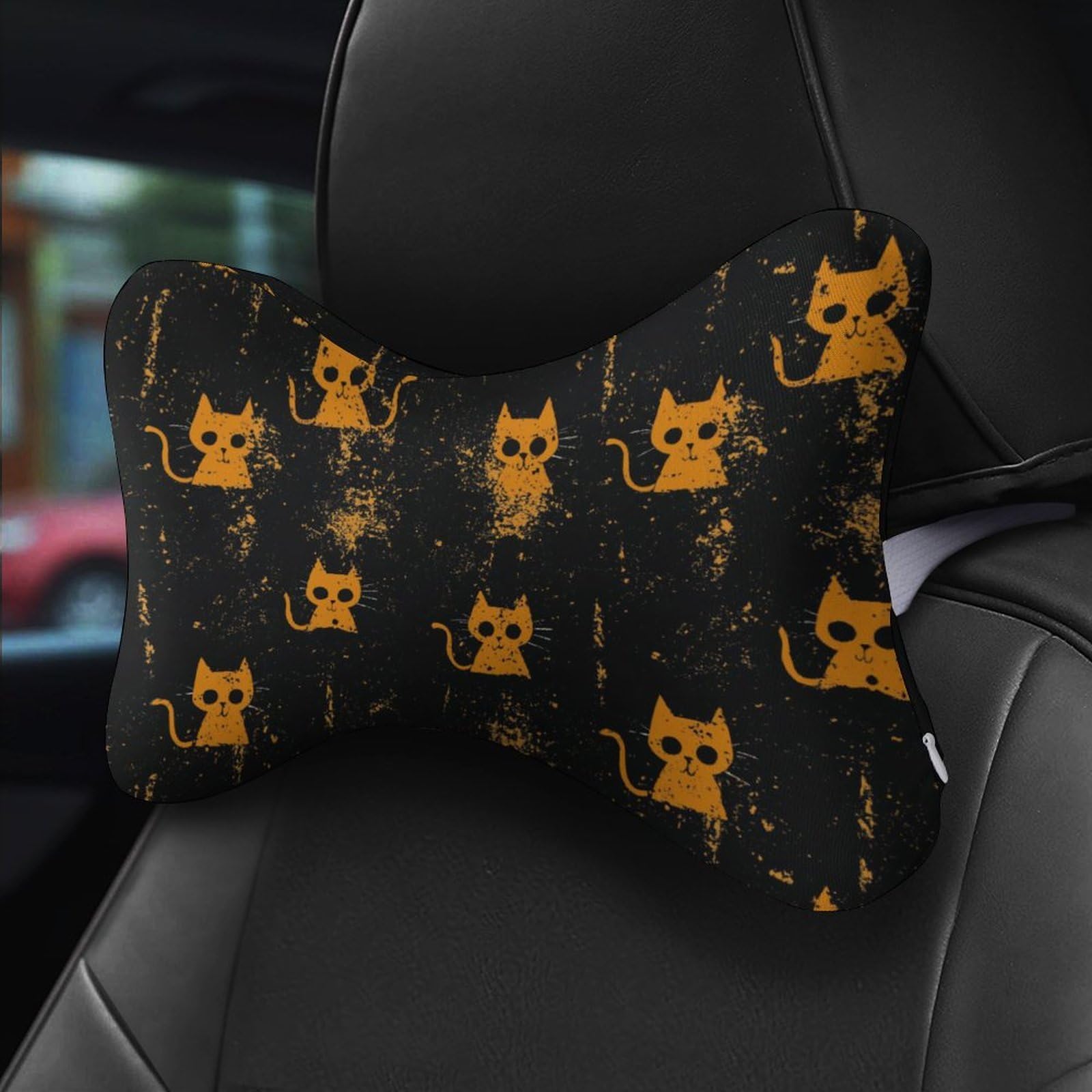 SMAZDFXX Halloween Black Cat Car Neck Pillow Set of 2 Car Seat Head Support Cushion Bone Pillows with Elastic Strap