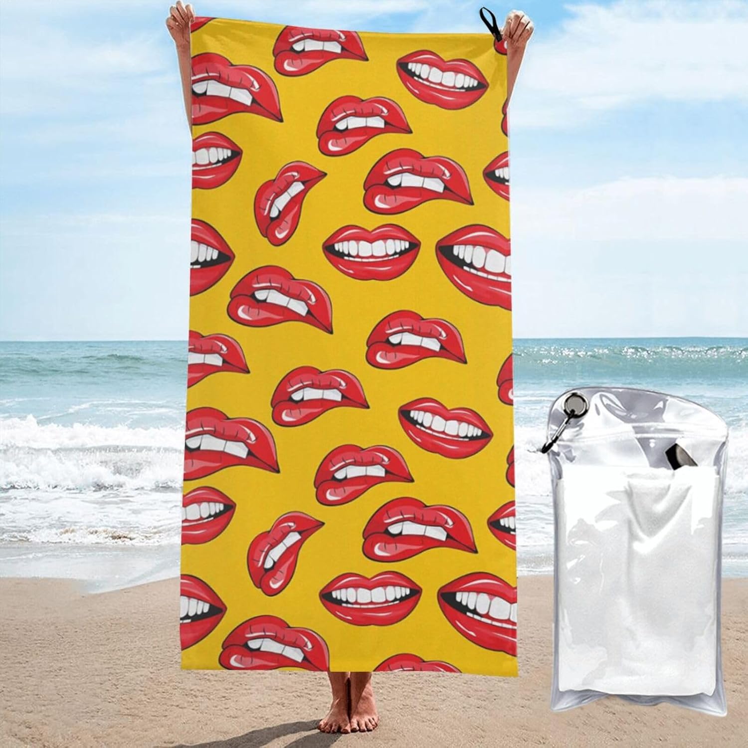 KHiry Microfiber Towel Beach Towels Women Smiling and Biting Her Red Lips Quick Dry Towel Soft Lightweight Travel Towels Absorbent Large Easy Pack Travel Things Beach Blanket for Gym Sports Swimming