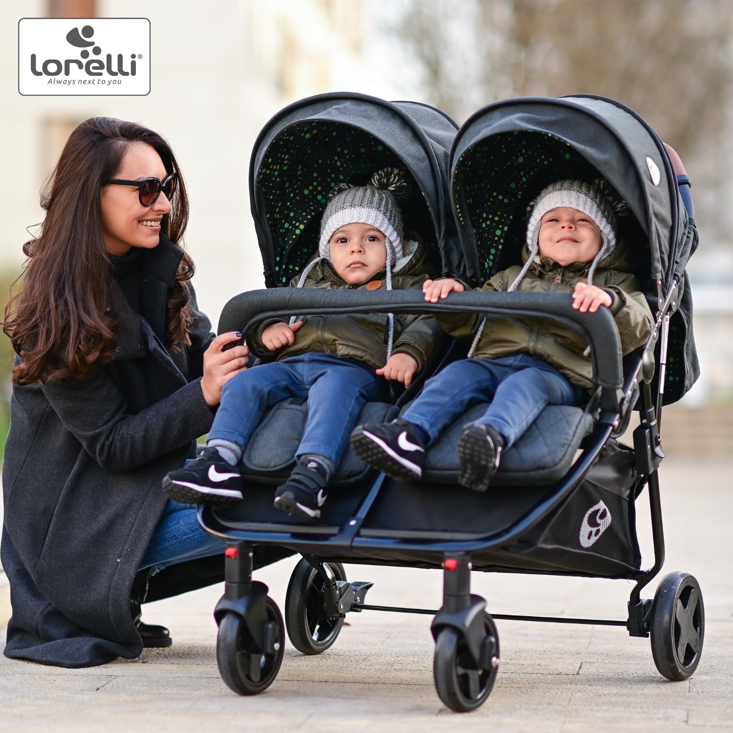 Lorelli silla de paseo gemelar dúo plegable ajustable cubrepiés bolsa de pañales, color:gris claro