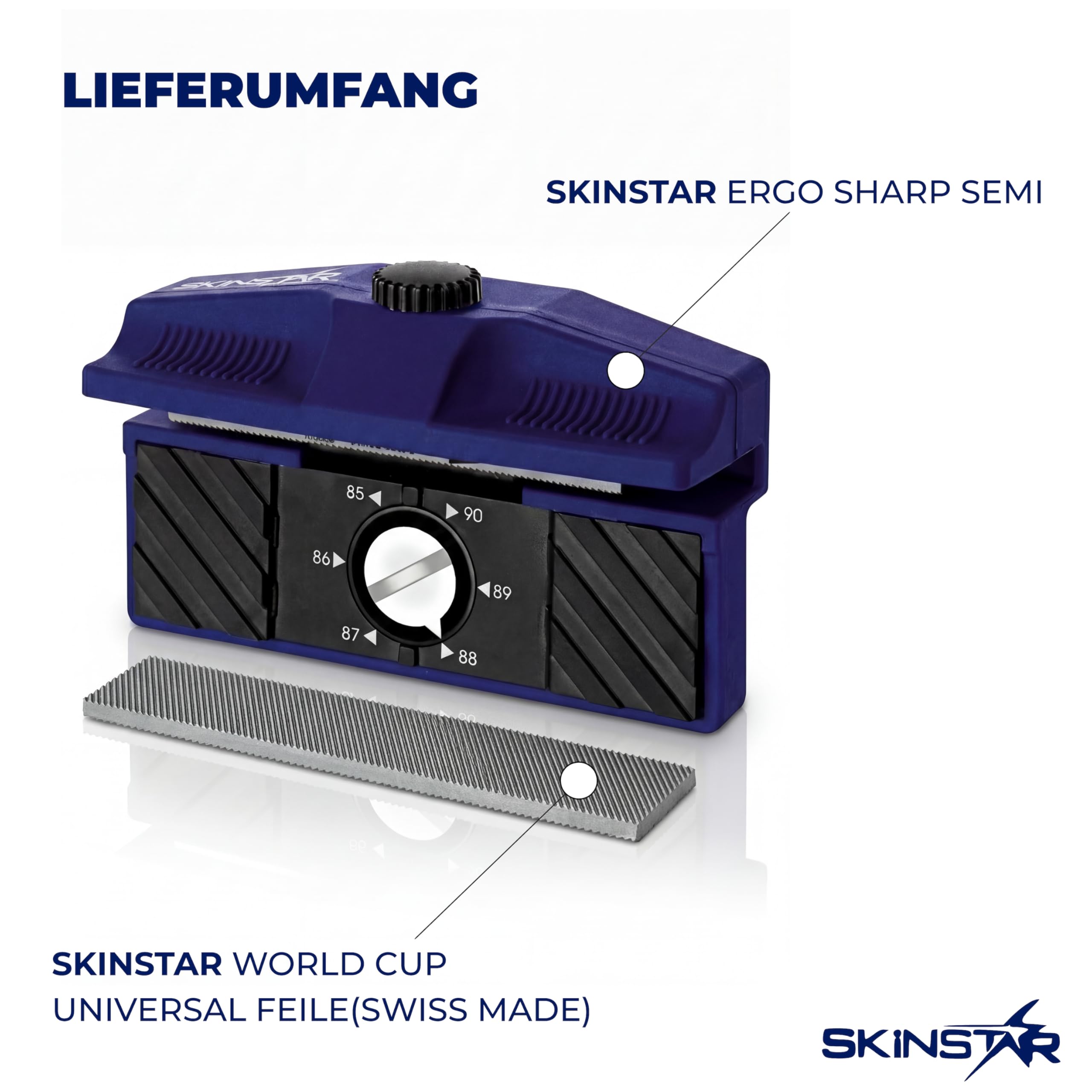 SKINSTAR Ergo Sharp Semi Kantenschleifer 90°-85° | Seitenkantenschleifer für Ski & Snowboard | ergonomischer Kantenschärfer mit Gleitflächen | inkl. Universal Feile 80 mm (Swiss Made) | Made in Italy