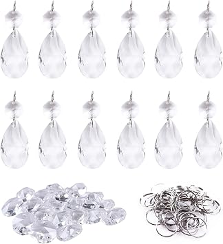 BIHRTC 12Pcs38mm Clear Crystal Teardrop Chandelier Prisms Parts Hanging Galss Crystal Pendants Beads +50pcs Metal Split Ring + 50pcs 14mm Octagonal Beads