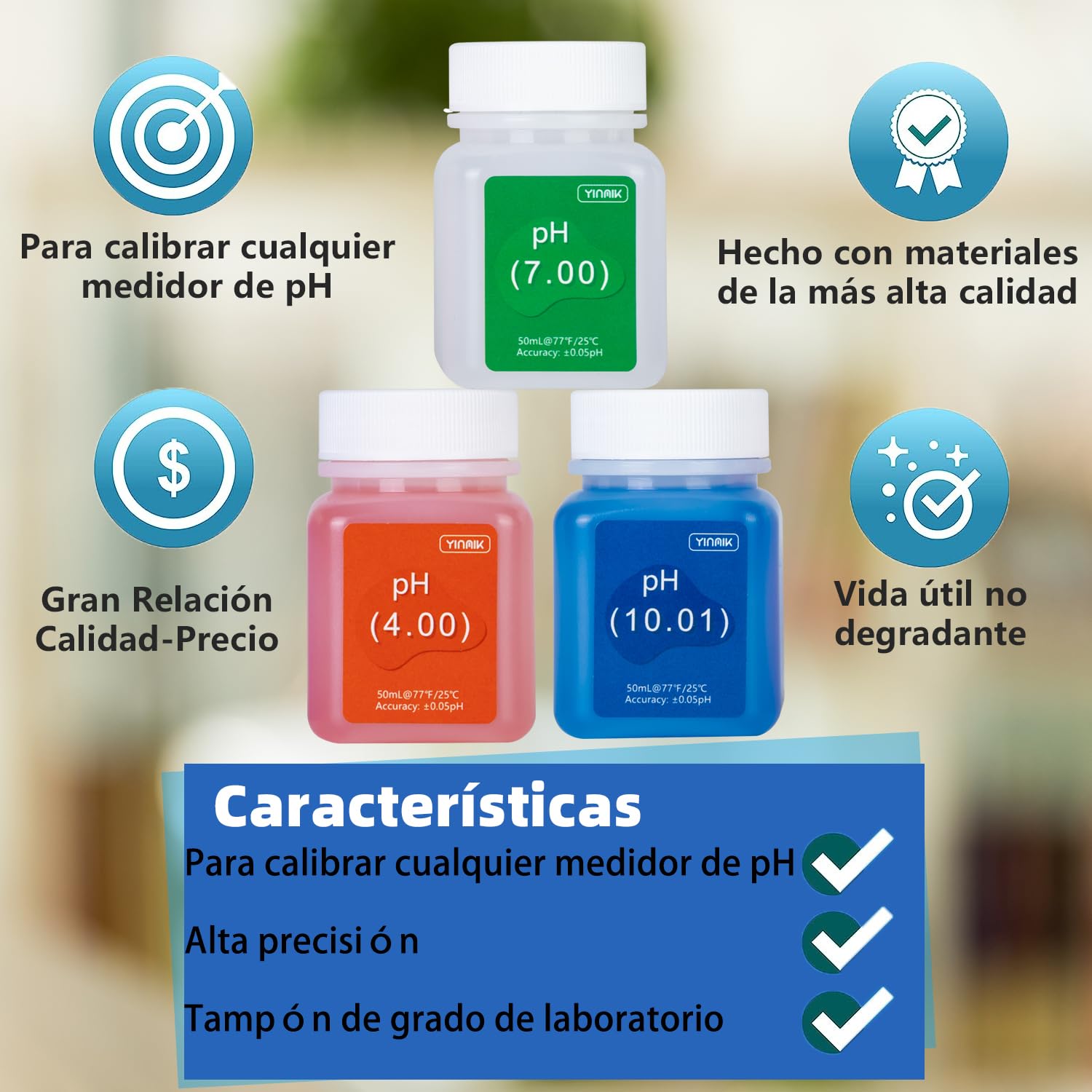 YINMIK Kit de solución de calibración de medidor de pH (4.00, 7.00 y 10.01) con kit de solución protectora de pH. 3 * solución tampón de calibración de pH de 50 ml y 2 * solución de pH KCL de 10 ml