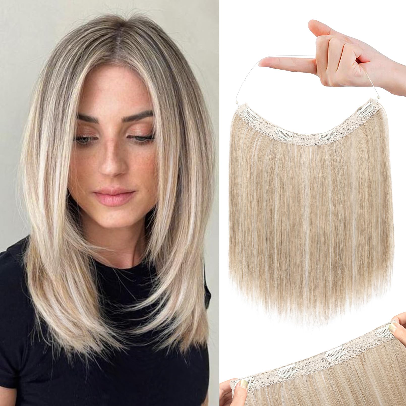 REECHO Invisible Wire Hair Extensions with Thinner Softer Lace Weft 12" Short Straight Clips in Secret Hairpiece for Women 12 Inch (Pack of 1) - Honey Blonde wi