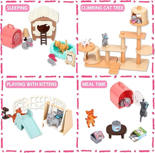 Miniatura 4 de SweetAce 43 piezas de juguetes de gato para niños, juego de figuras de gato, juguete interactivo para gatitos, juego de rol realista, centro de