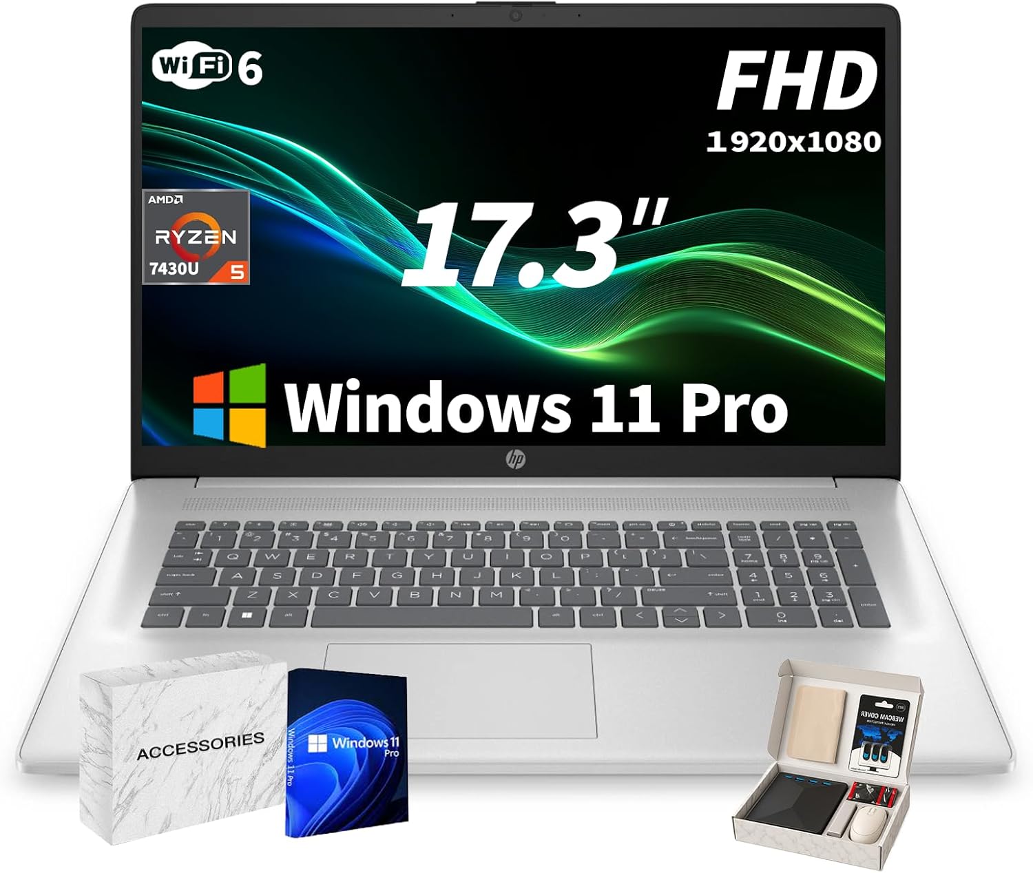 HP 17 Laptop - AMD Ryzen 5 7430U Processor, 17.3inch 250 Nits FHD IPS Display, Webcam, Wifi6, Numeric Pad, Windows 11 Pro Computer PC for Business & Students (64GB RAM 2TB SSD)