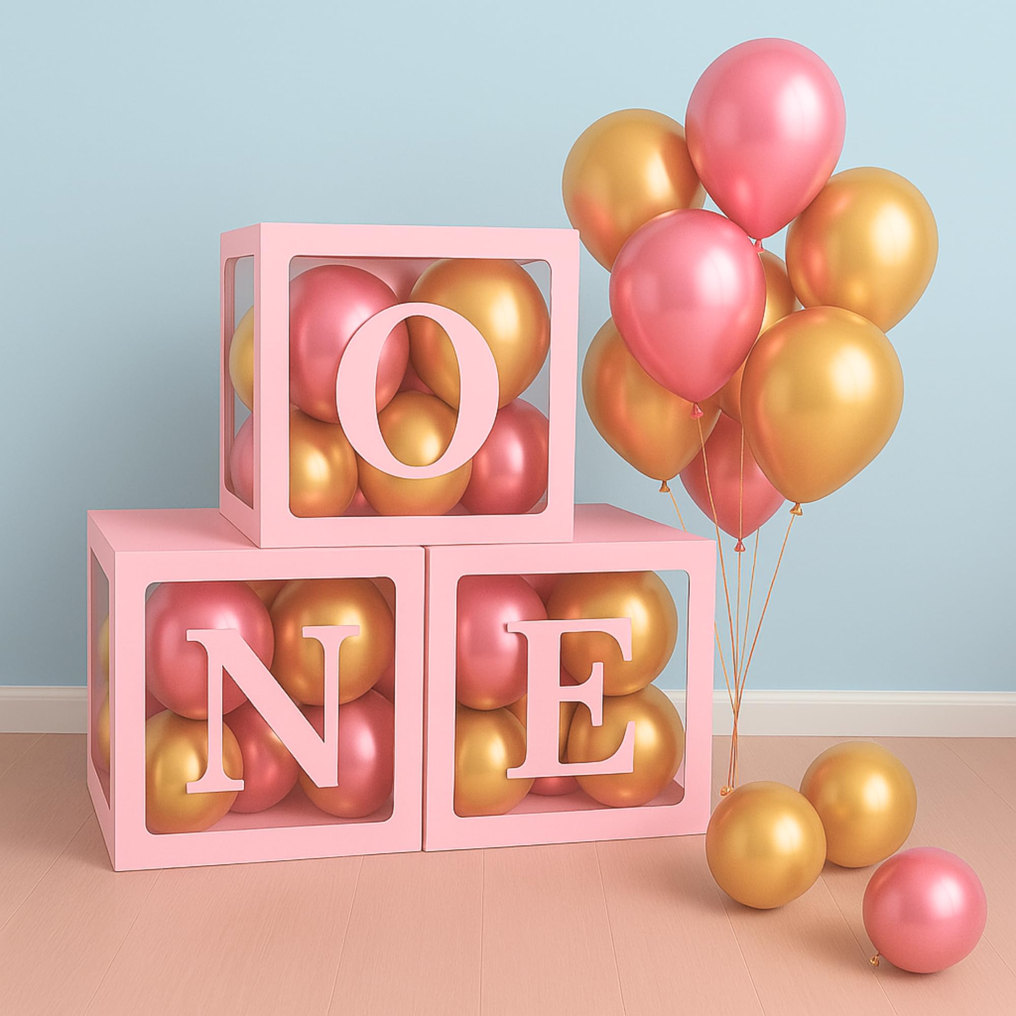 One Balloon Box for 1st Birthday Decoration Baby Girls Kids Twins Year Transparent Plain Letter 30 Pcs Pink Gold Balloon 3 Pcs Pink Box Glue Dots Arrangement Set Items Golden-image-21