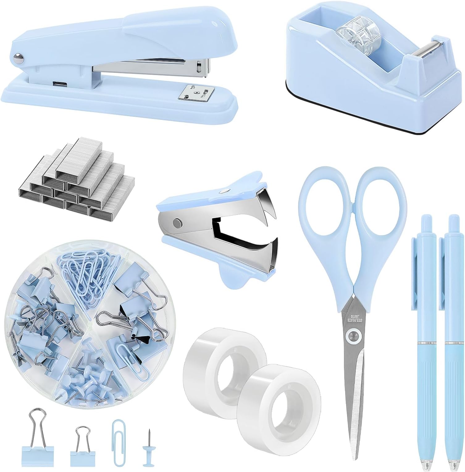 SKYDUE Blue Office Desk Accessories, Blue Office Supplies, Stapler, Tape Dispenser, Scissors, Clips and 1000pcs Staples,Desk Supplies for Women