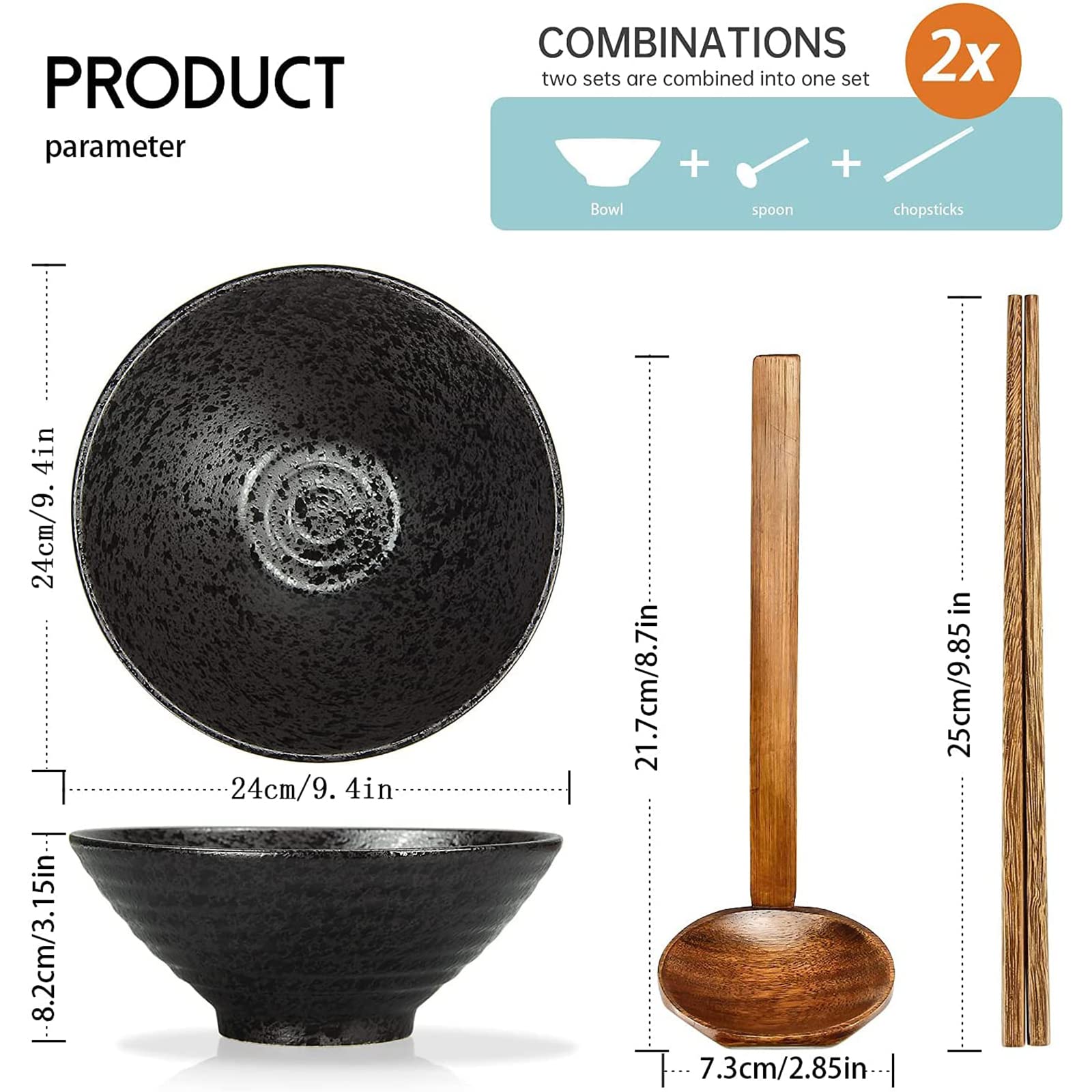 2 Juegos (6 Piezas) de Tazón de Sopa de Ramen Japonés de Porcelana, Grandes Ensaladera de con Cuchara y Palillos, Apto para Lavavajillas y Microondas para Fideos Asiáticos, Negro (24cm)