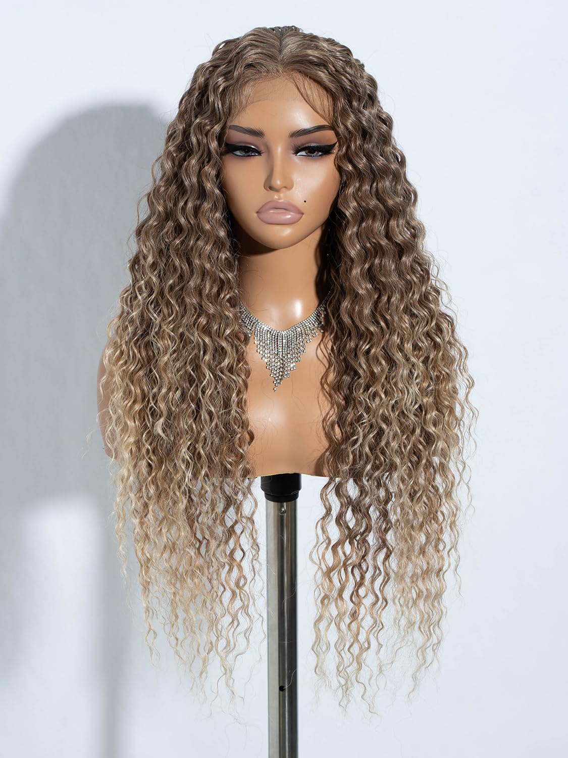 Joedir Blonde Wigs for Women,Long Ombre Blonde Curly Wig with Dark Roots,30 Inch T-Part lace front Wigs Natural Looking Synthetic Heat Resistant Fiber Wig for Daily Party Use