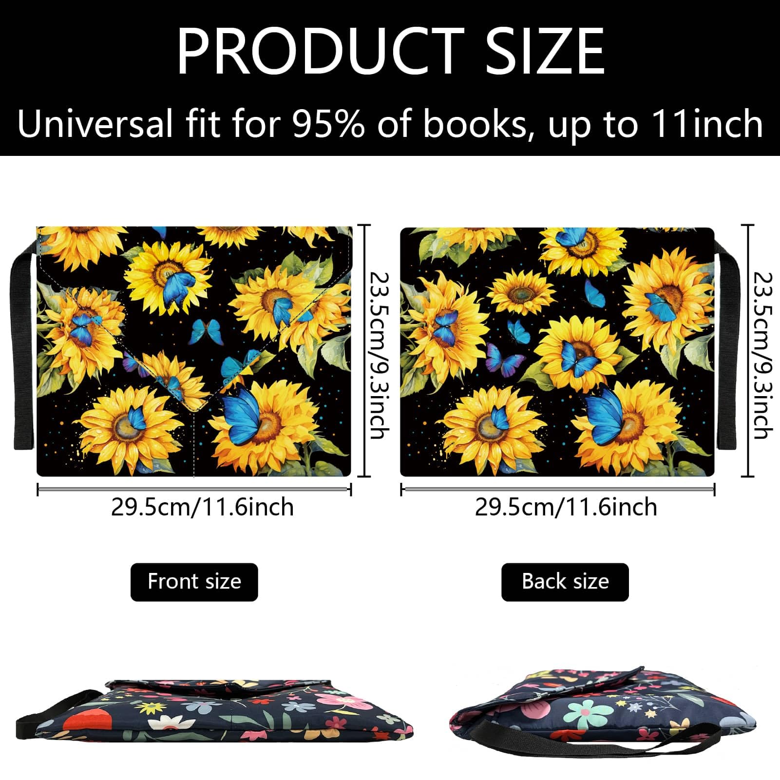 CRASPIRE Sunflower Book Cover Butterfly Book Sleeve 11.6 X 9.3 Inch Black Book Protector for Paperbacks Washable Fabric Cloth Book Cover with Handle and Extra Sleeve Pocket for Book Lovers Gifts - Image 3