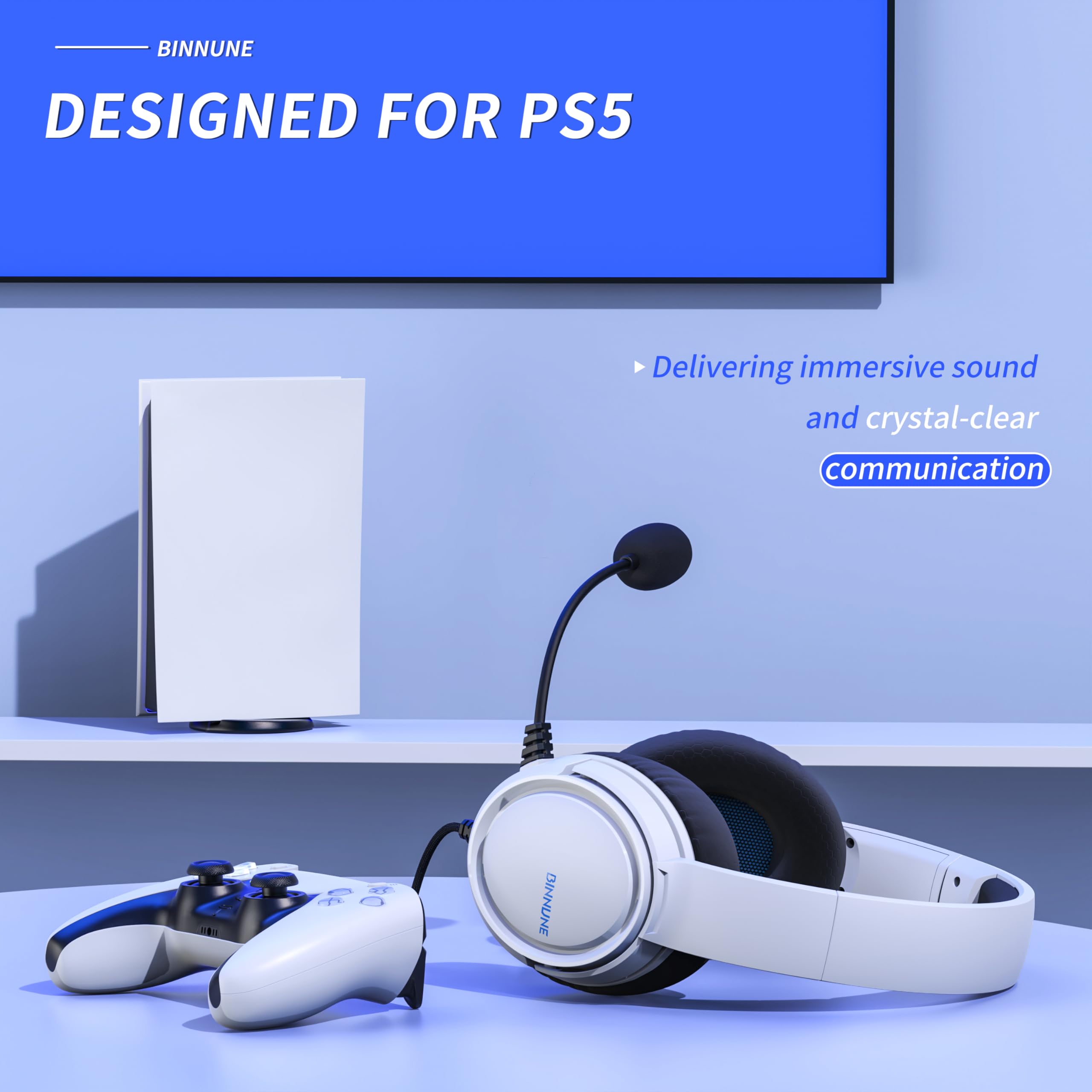 BINNUNE BG02 Cuffie Gaming per PS5, PS4, PC, Xbox, NS, Microfono, Audio Stereo, con Cancellazione Del Rumore con Filo - Bianco