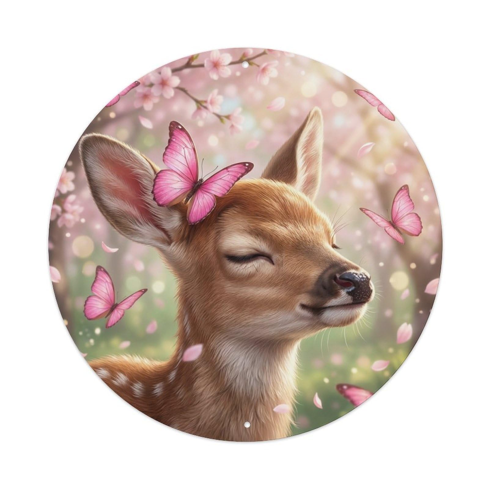 Forest Fawn Butterfly Blossom Cute Wildlife Animal Dreamy Kawaii Metal Tin Sign Plaque Wall Decor for Cafe, Man Cave, Club Bar, Office, Home Garden Round Metal Poster 8x8Inch