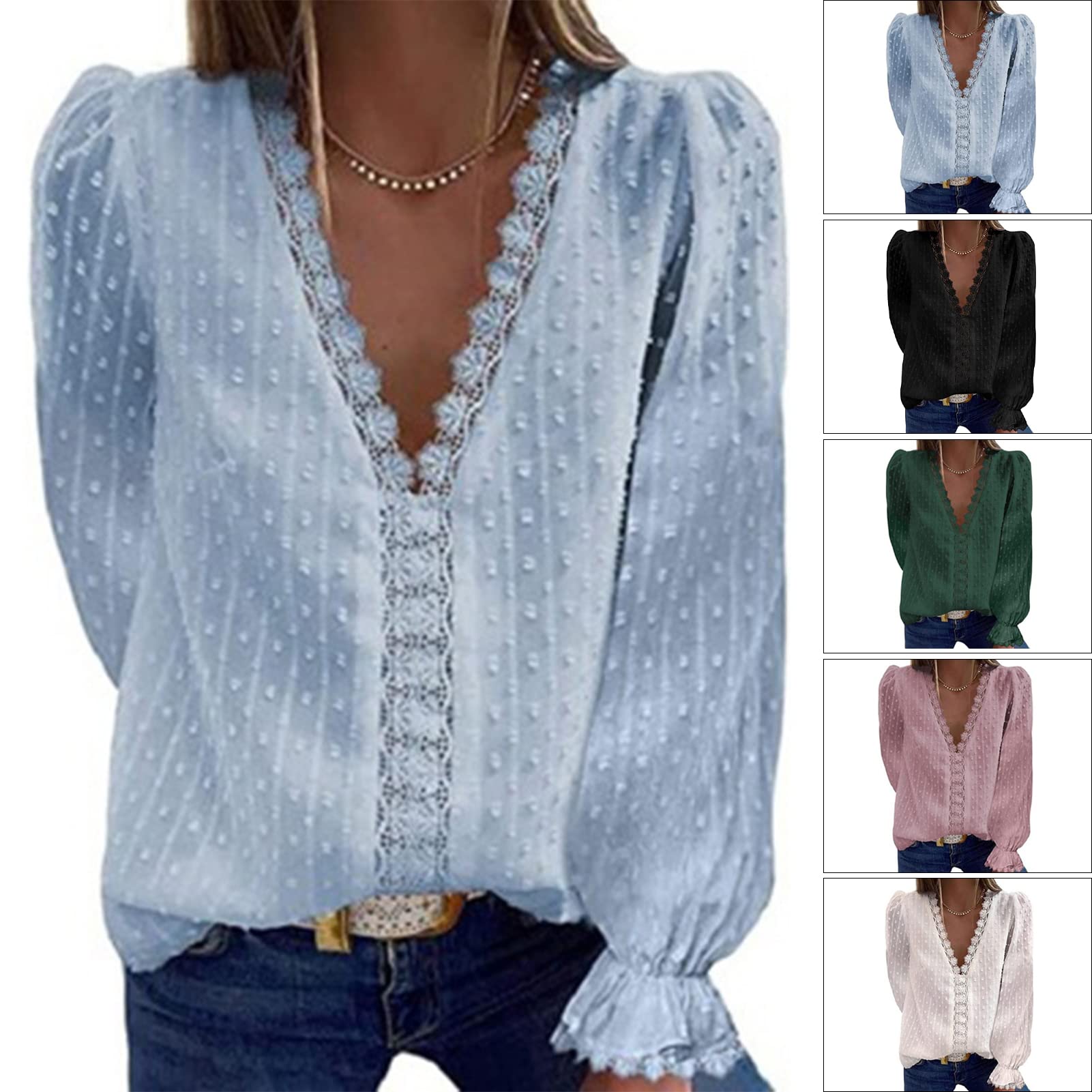 Ejoyous Camicetta di Chiffon con Scollo a V da Donna Estate Casual Swiss DOT Tops Pizzo Stiching Manica Lunga Tinta Unita Magliette Larghe Tunica Camicette Camicette(XL-Blu)
