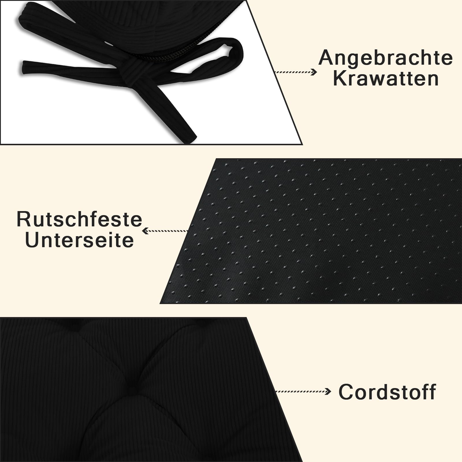 Sitzkissen, 2er Set Stuhlkissen aus Cordstoff, Memory Foam mit Doppel-Layer Design, Befestigungsriemen & Tacker-Design, Pflegeleicht für Esszimmer & Bürostühle, 45x45x8cm, Schwarz