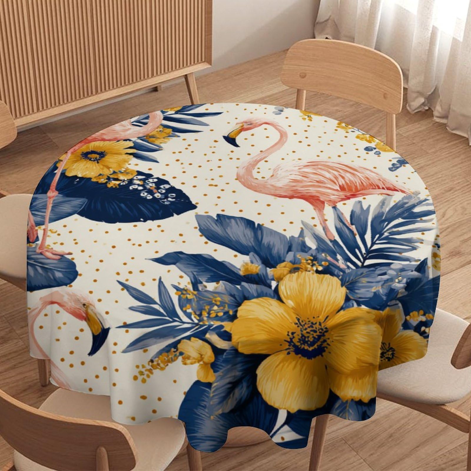 LUYYSKY Beautiful Minimalist Animal Flamingos Round Tablecloth Retro Watercolor Tropical Plants Palm Leaves Birds Flamingos Washable Decor for Table Cover for Kitchen-36 Wx36 L