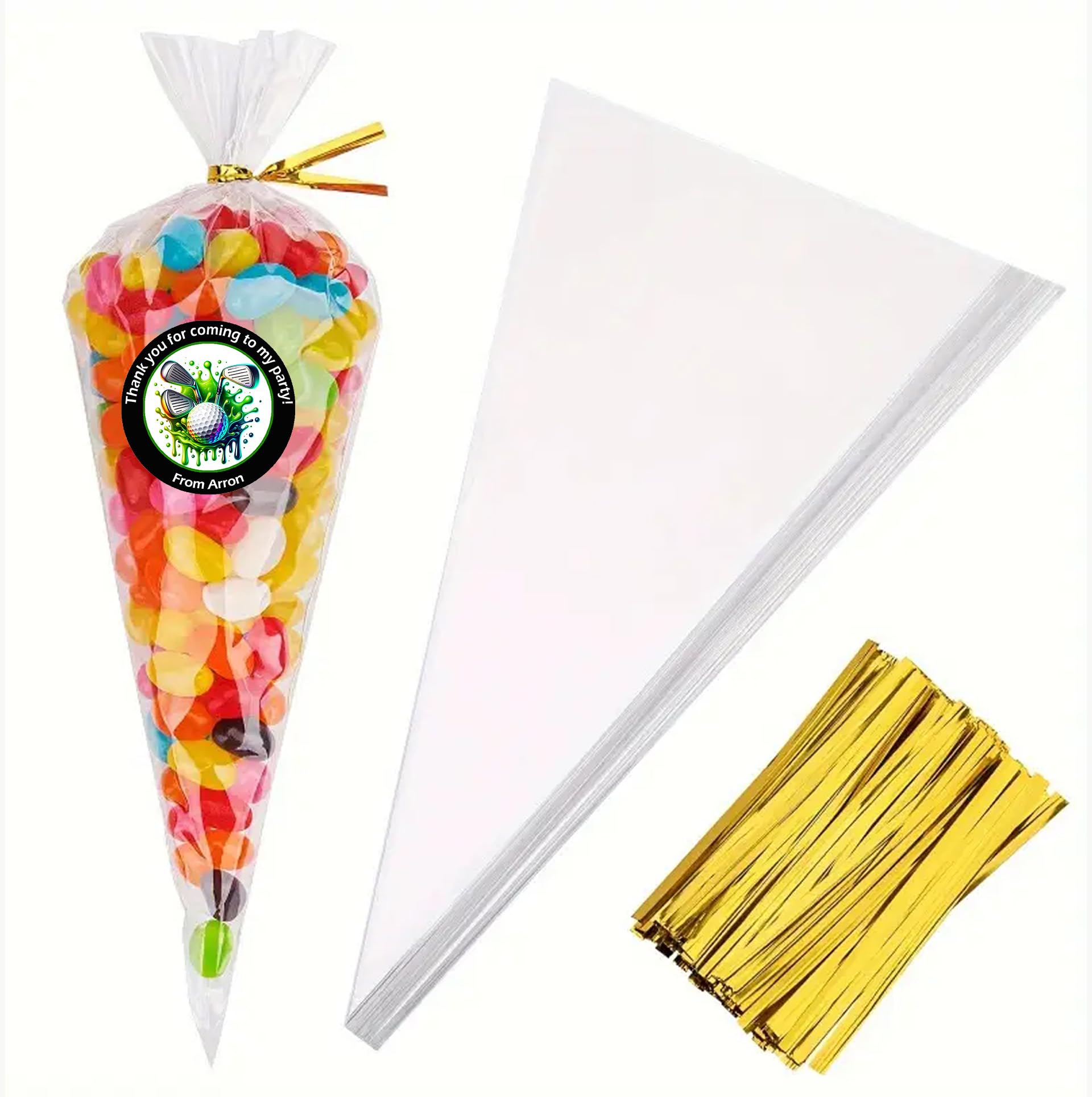 Personalised Golf Party Stickers – 45mm Round Labels for Party Bags, Favours or Sweet Cones – Golf Themed Birthday Decoration - 24 Black Golf Stickers with 24 Empty Cones