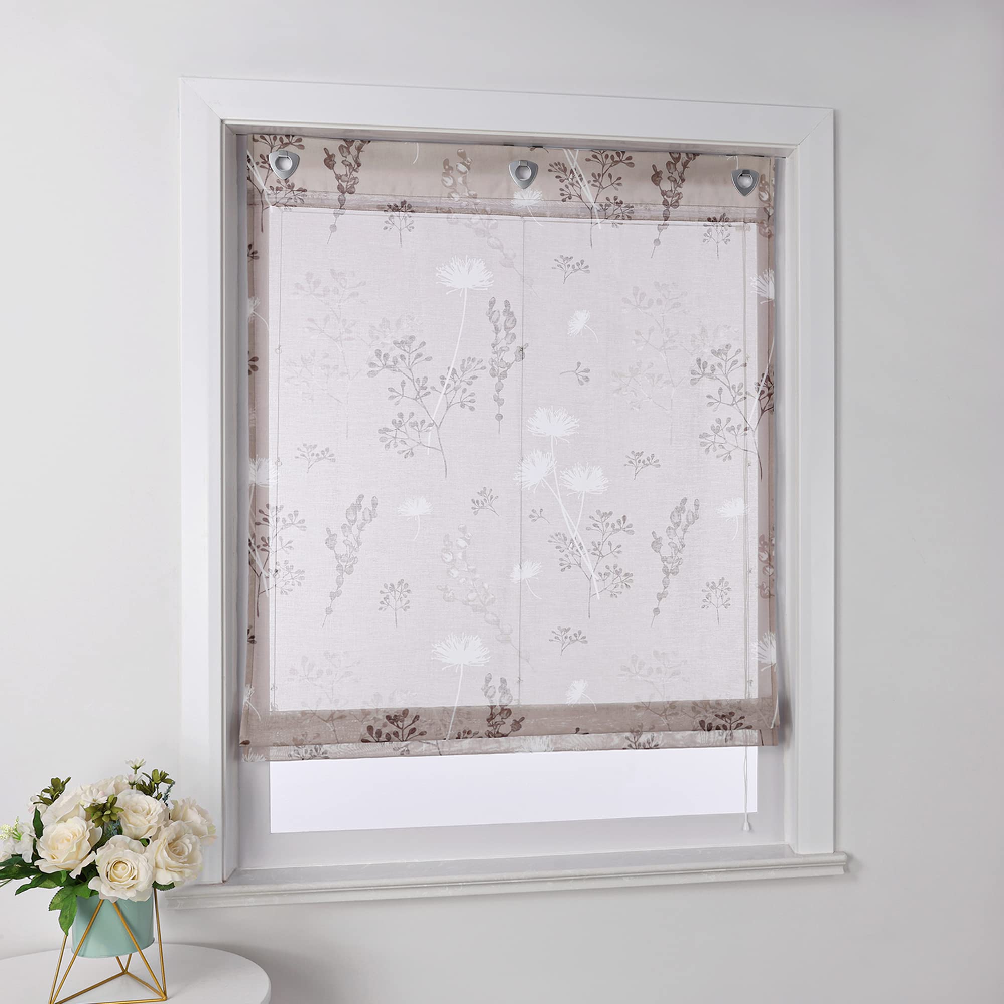 Raffrollo ohne Bohren mit Hakenaufhängung Raffgardine Küche Ösenrollo Leinenoptik mit Löwenzahnmuster Transparente Rollos Kurz Vorhang Landhaus B/H 100/140 cm Braun