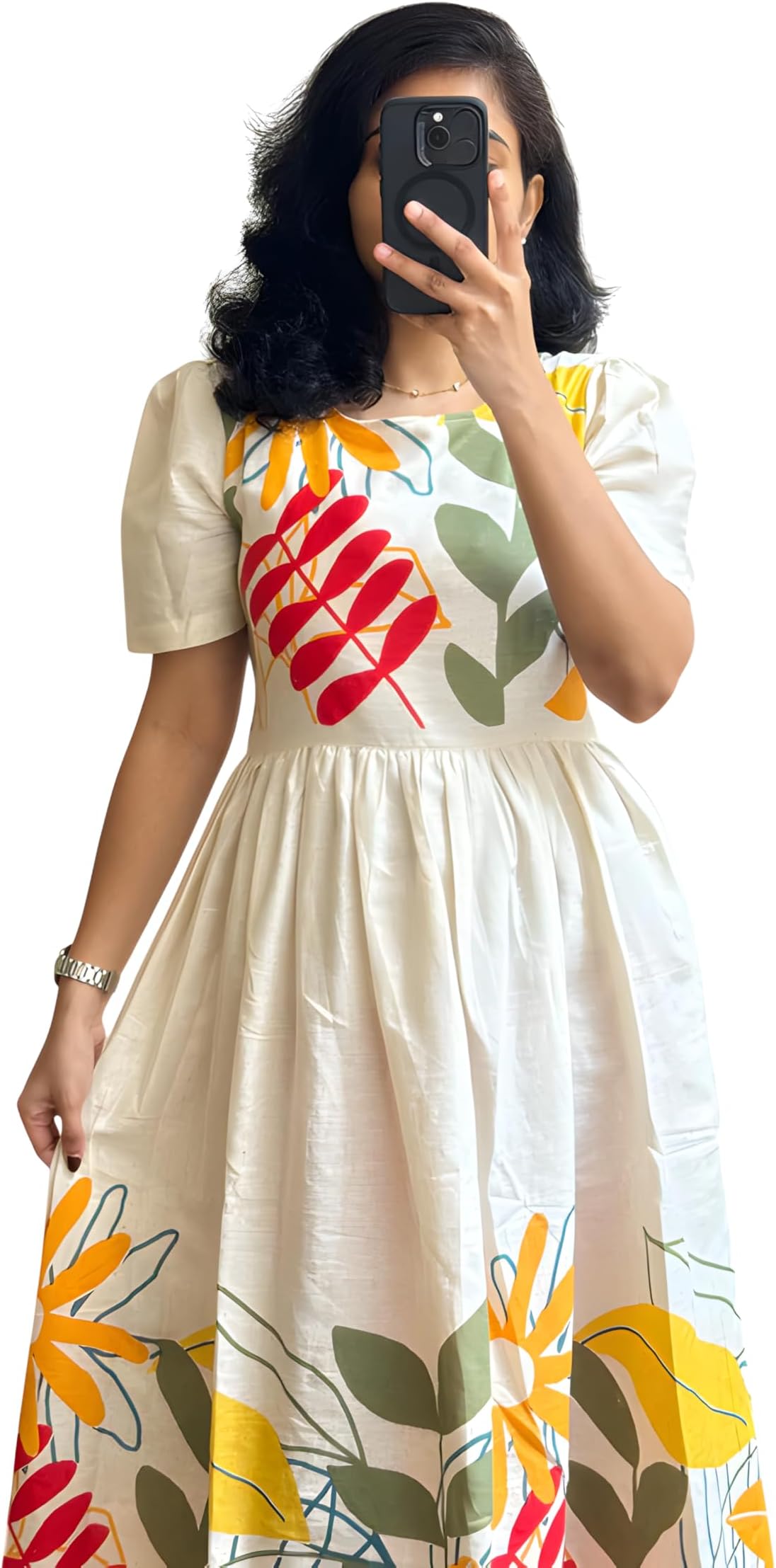 Women Floral Print Cotton Midi Dress, Short Sleeve, White with Yellow and Red Flowers, A-Line Fit (in, Alpha, XL, White)