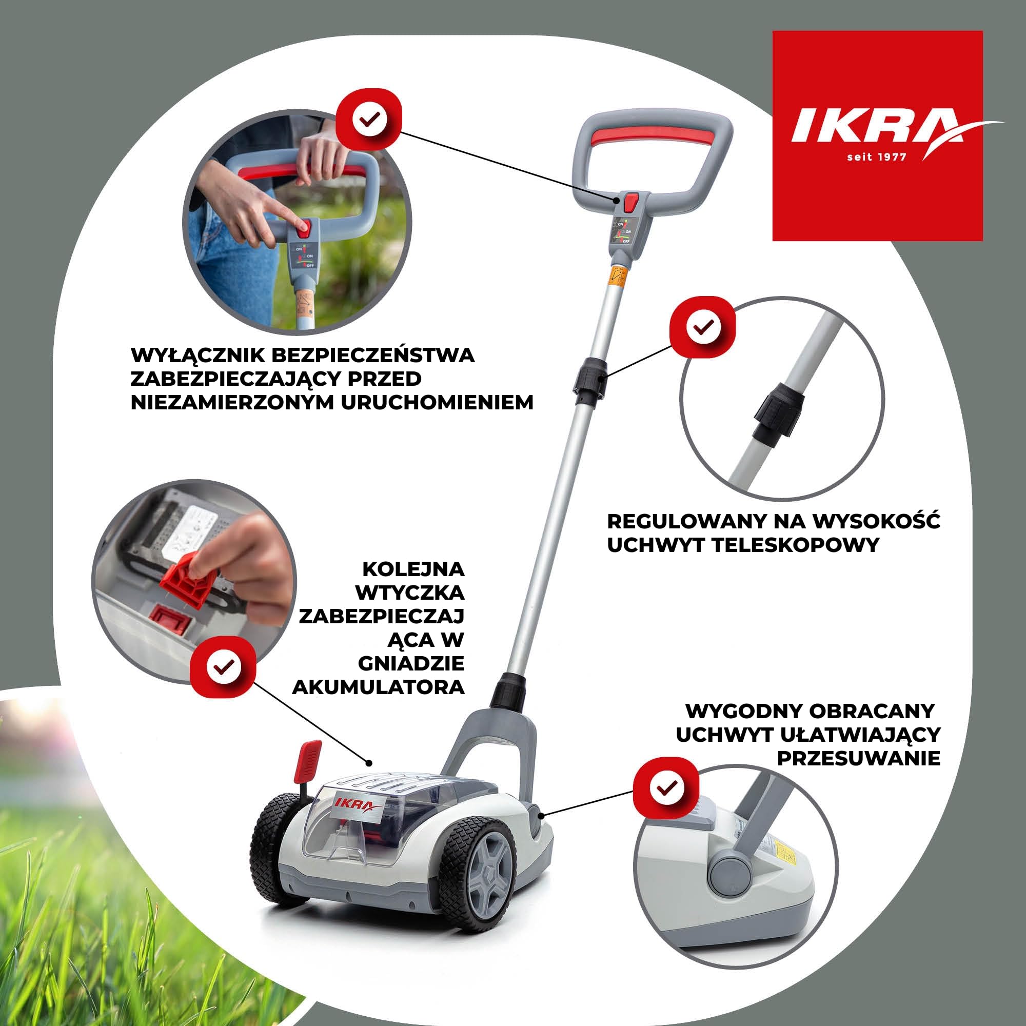 IKRA Kosiarka jednoręczna ICHM 20, akumulator 20 V, ładowarka | Z funkcją mulczowania, do małych trawników do 50m², szer. koszenia 21 cm, wys. 25–48 mm, system akumulatorowy IKRA 20V