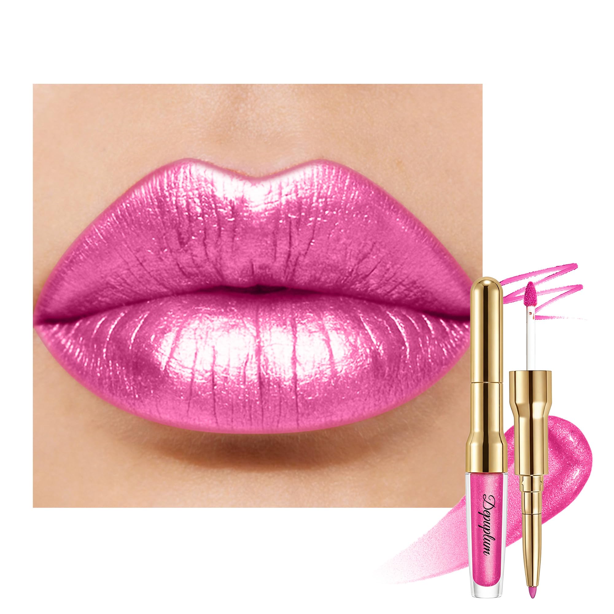 Pink Metallic Lipstick and Lip Liner Combo Makeup 2-in-1 Shimmer Glitter Lipsticks for Women Metallic Lip Gloss Stain Waterproof Smudgeproof Long Lasting Lipsticks (GB20 A Hug)