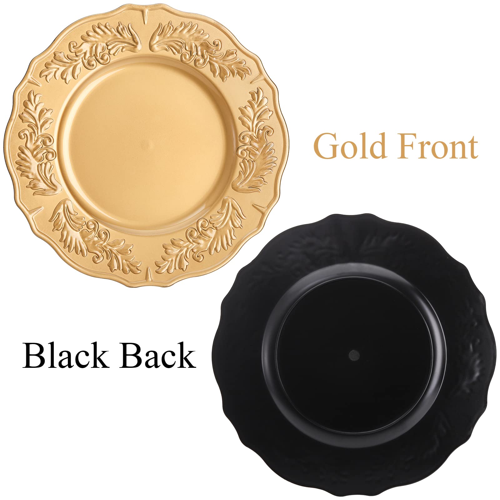 Hiceeden Set of 12 Plastic Charger Plates, 12.8" Elegant Gold Chargers for Dinner Plate Floral Decoration for Table Setting, Birthday Parties, Weddings