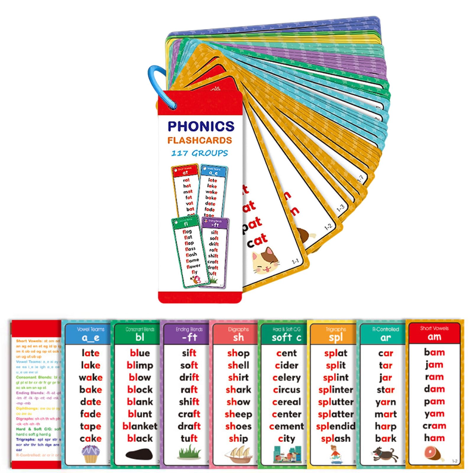 Phonics Flashcards, 117 Groups, Colour Coded, Water Resistant, Plastic Ring, Preschool, Reading and Writing (1)