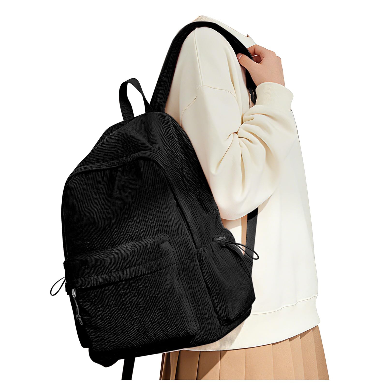 VGOCO Black Corduroy Backpack for Women Men Cute College Backapck Aesthetic Backpack Preppy Backpacks Laptop Bags Women Commuter Back Pack Travel