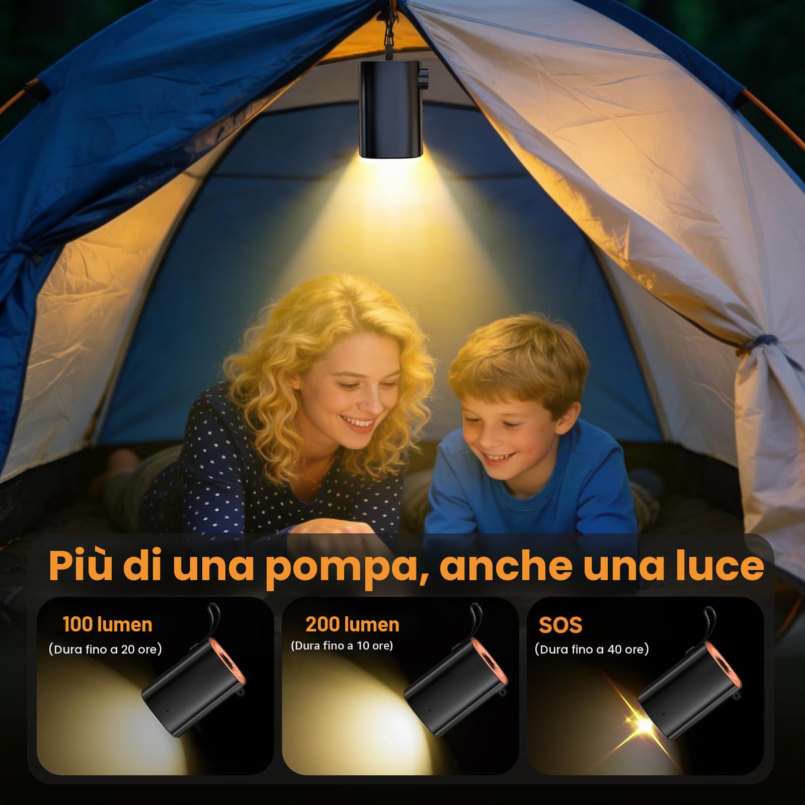 Gonfiatore Elettrico Portatile, 4000mAh Pompa Elettrica con 4 Ugelli/Luce Campeggio/Gancio Adatto per Materasso Gonfiabile,Divano Gonfiabile,Materassino Campeggio,Piscina