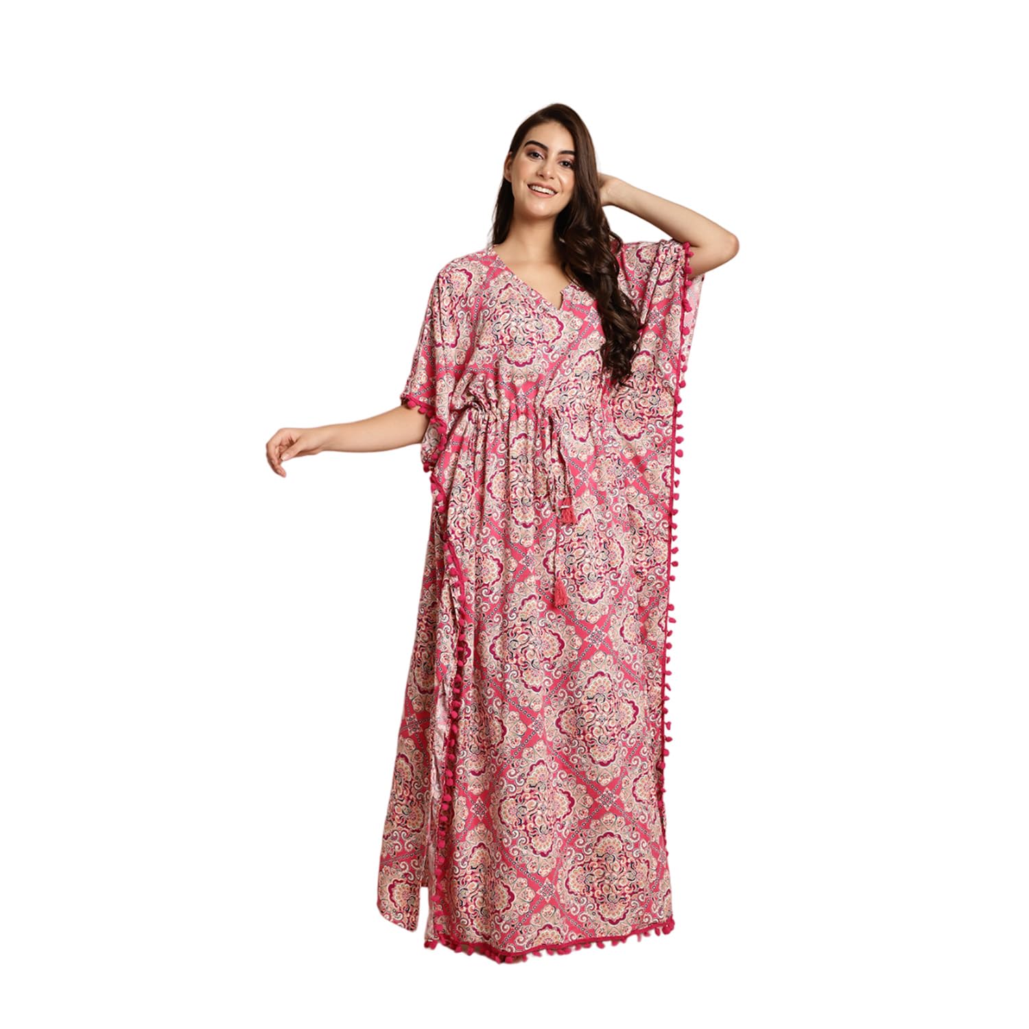 Women's Rayon Pink Kaftan Nighty/Free Size/Scree Print/Drawstring/Nightdress/Nightwear/Full Length
