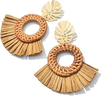 Bohemian Woven Straw Earrings - Rattan Geometric Circle Dangle Earrings For Women