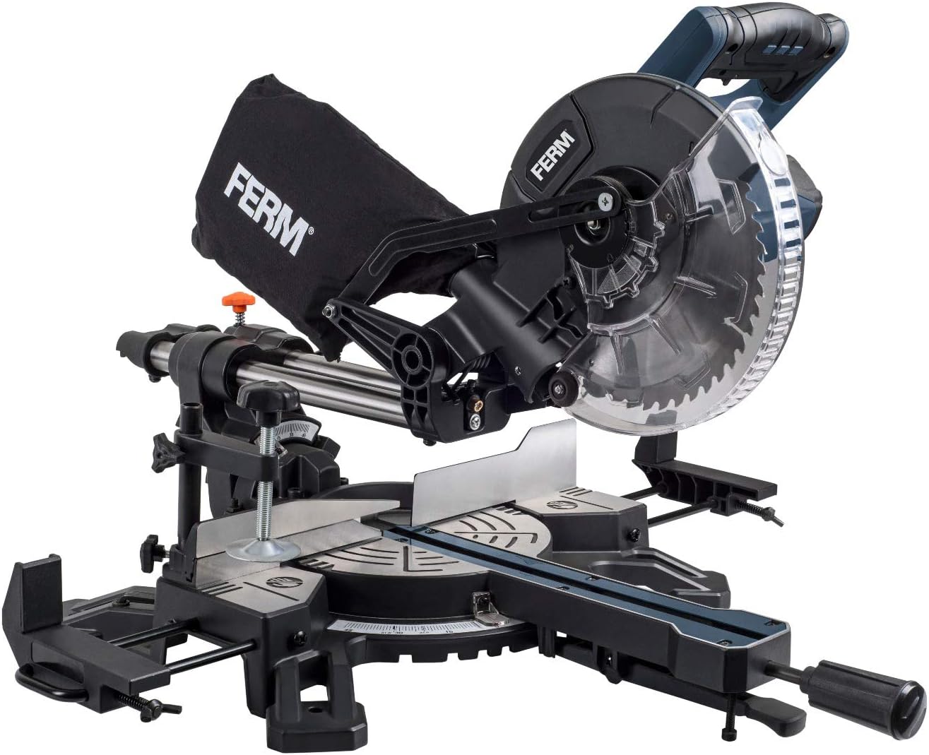 FERM MSM1039 Single Bevel Mitre 1500W-210mm-Safe and Solid-incl. TCT T24 Saw Blade, 2 Extension Bars and Vacuum Cleaner Connection | for The Demanding Crafter |, Grey
