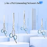 Pawaboo Dog Grooming Scissors Kit, 5-in-1 Professional Pet Grooming Scissors with Safety Round Tips, Ergonomic Stainless Steel Titanium Coated Dogs Trimming Shears for Small Large Pet Dog Cat, Blue