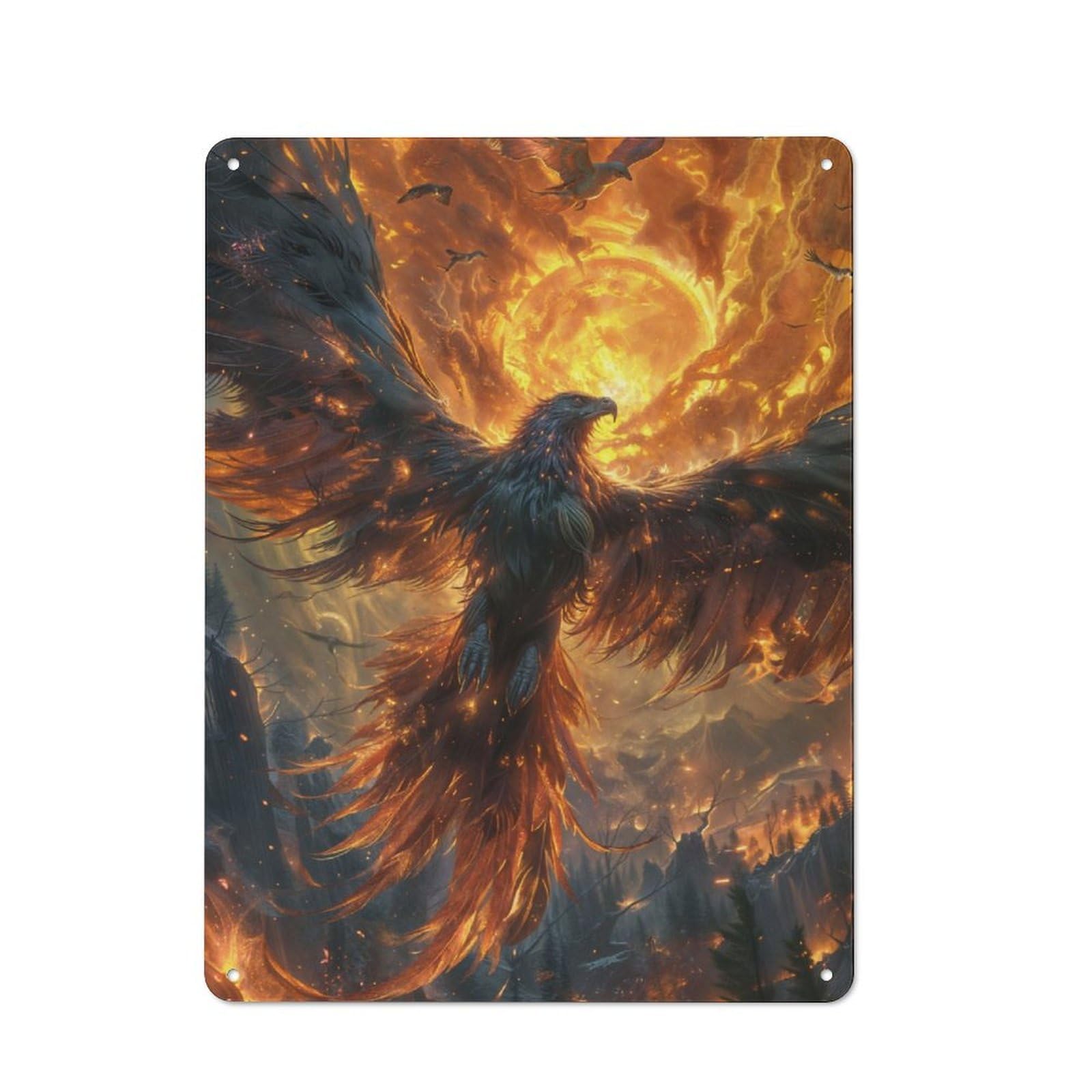 Industrial Tin Wall Sign 40x30cm Featuring Phoenix And Sun, Urban Room Decor for Workspace, Cafe, Hallway Or Garage
