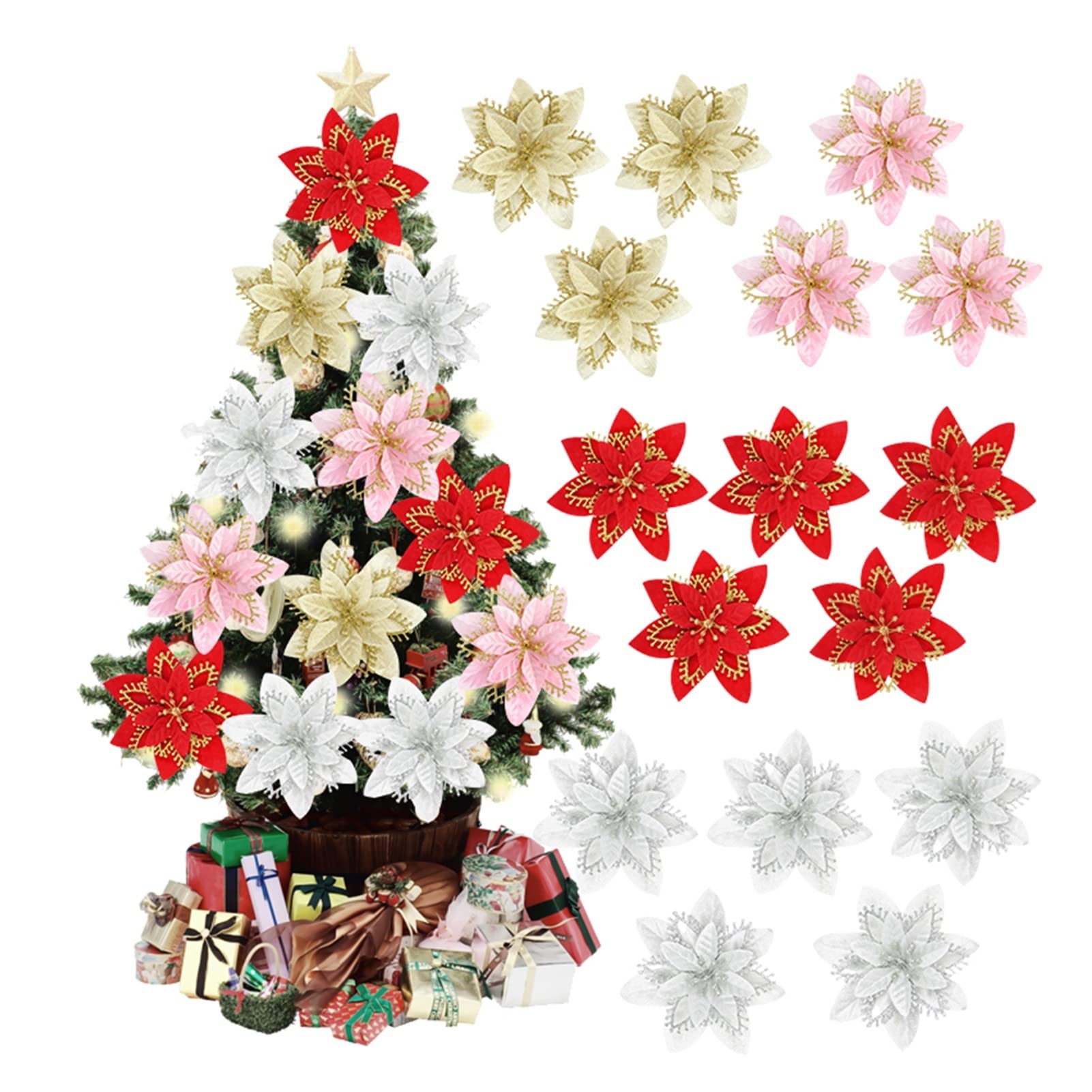 Amazon｜YEJIANGHUA 10ピースクリスマスグリッターポインセチアの花の