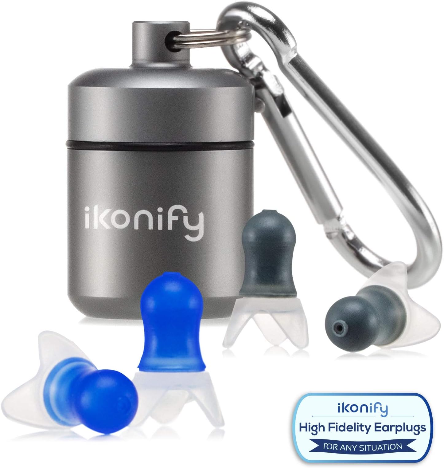 Ikonify Noise Cancelling, Reusable, Ear Plugs with Carabiner for Concerts, Musicians, Sleeping, Working, Studying and Air Traveling (Blue and Grey) - Set of 2 Pairs