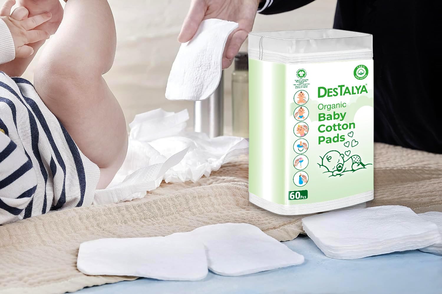 DESTALYA Lingettes Jetables Coton Bébé Peaux Sensibles Cotons Bio 360