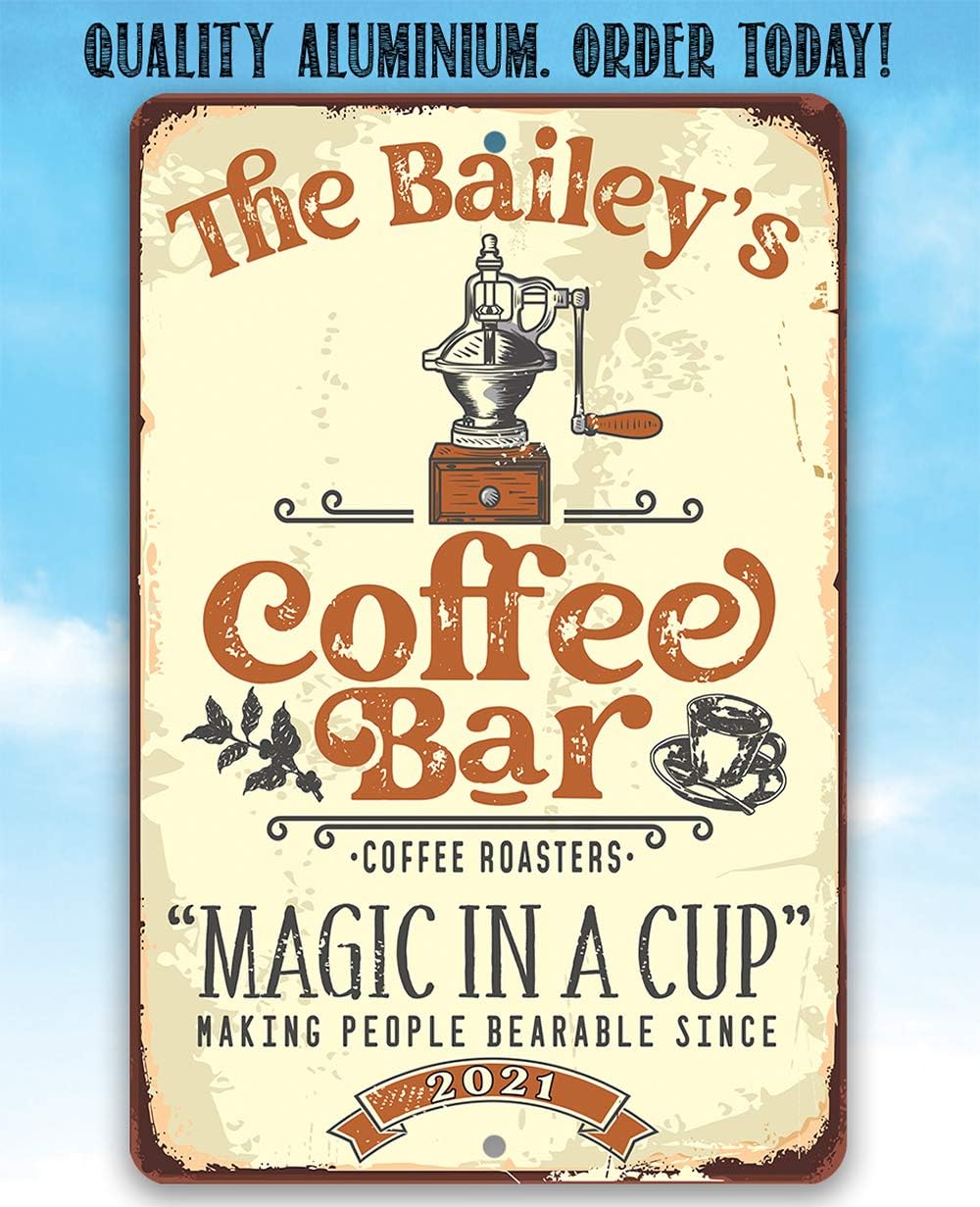 Personalized - Coffee Bar Magic In a Cup - Classic Coffee Decoration for Kitchen and Dining, Coffee Shop Essentials and Gift for Coffee Lovers, 8x12 or 12x18 Use Indoor or Outdoor Rustic Metal Sign