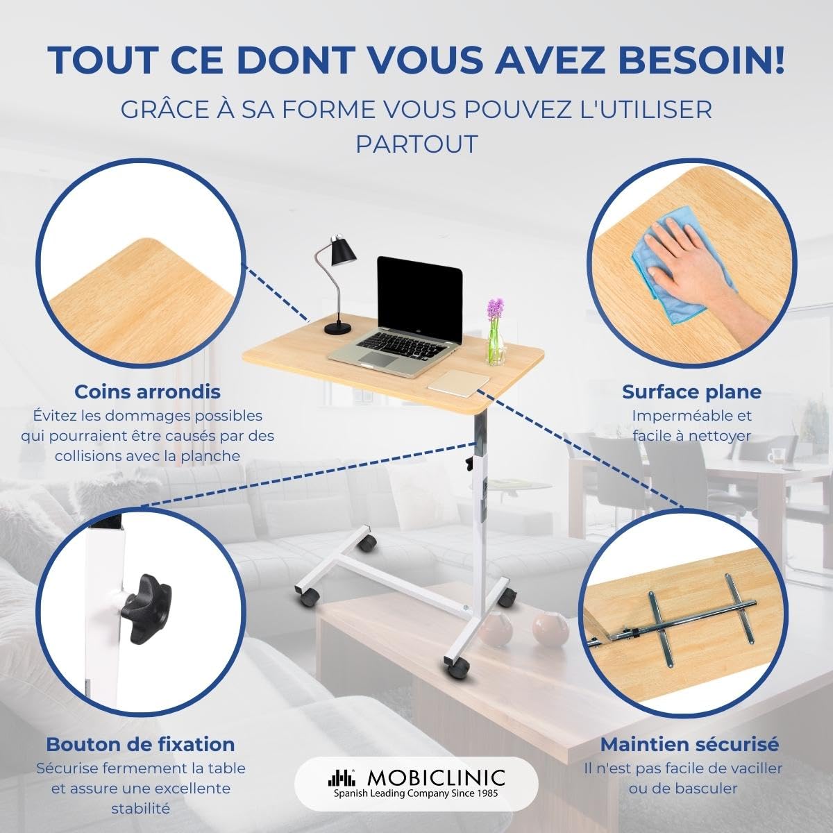 Mobiclinic® Table de lit a Roulette, Meseta, Acier, Marque européenne, Freins sur Les Deux Roues arrière, Hauteur réglable, Portable, pour Personnes àgées, Handicapées