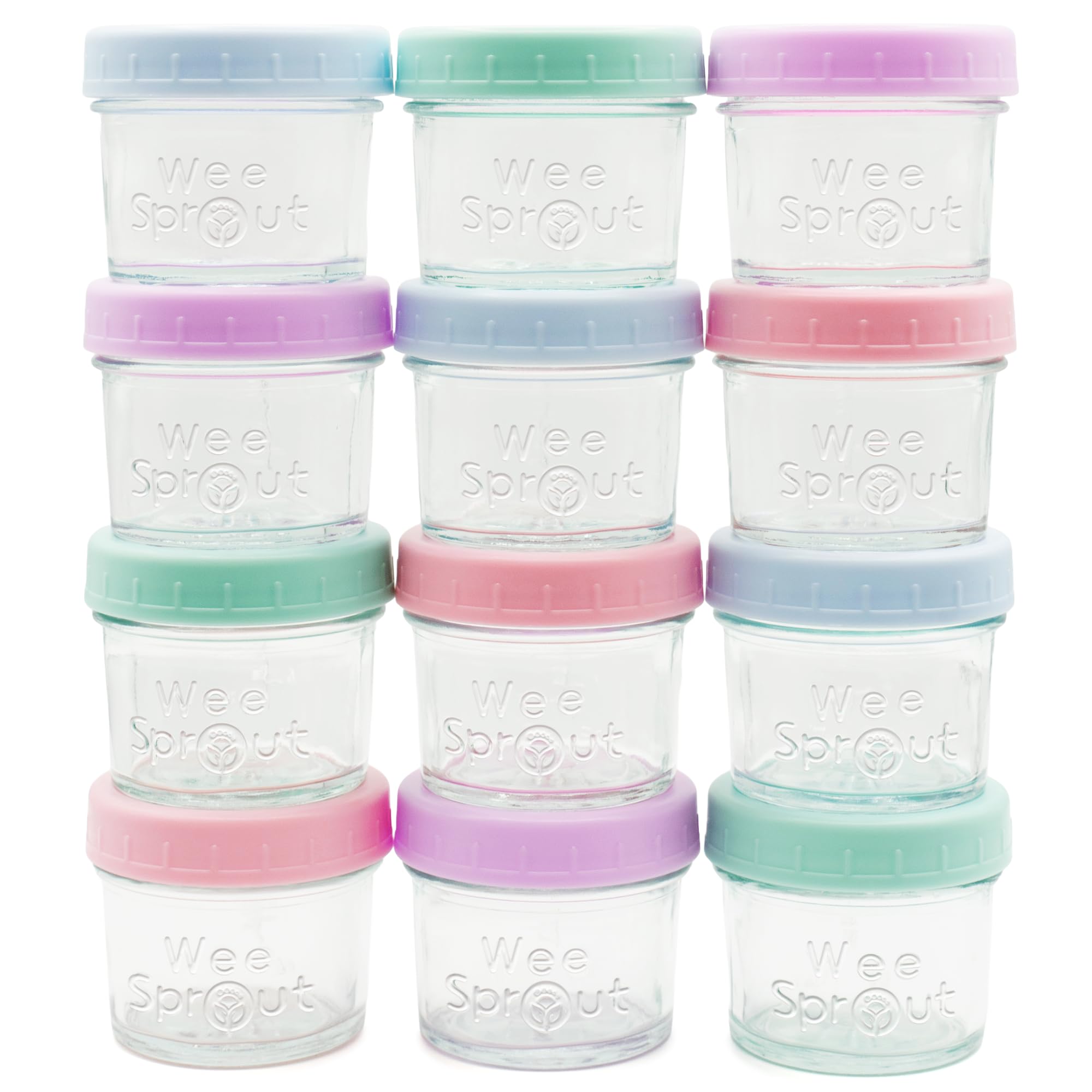 Baby Food Storage Glass Jars w/Lids (4 oz, 12 Pack) Pastel Variety, Snack, Reusable Small…