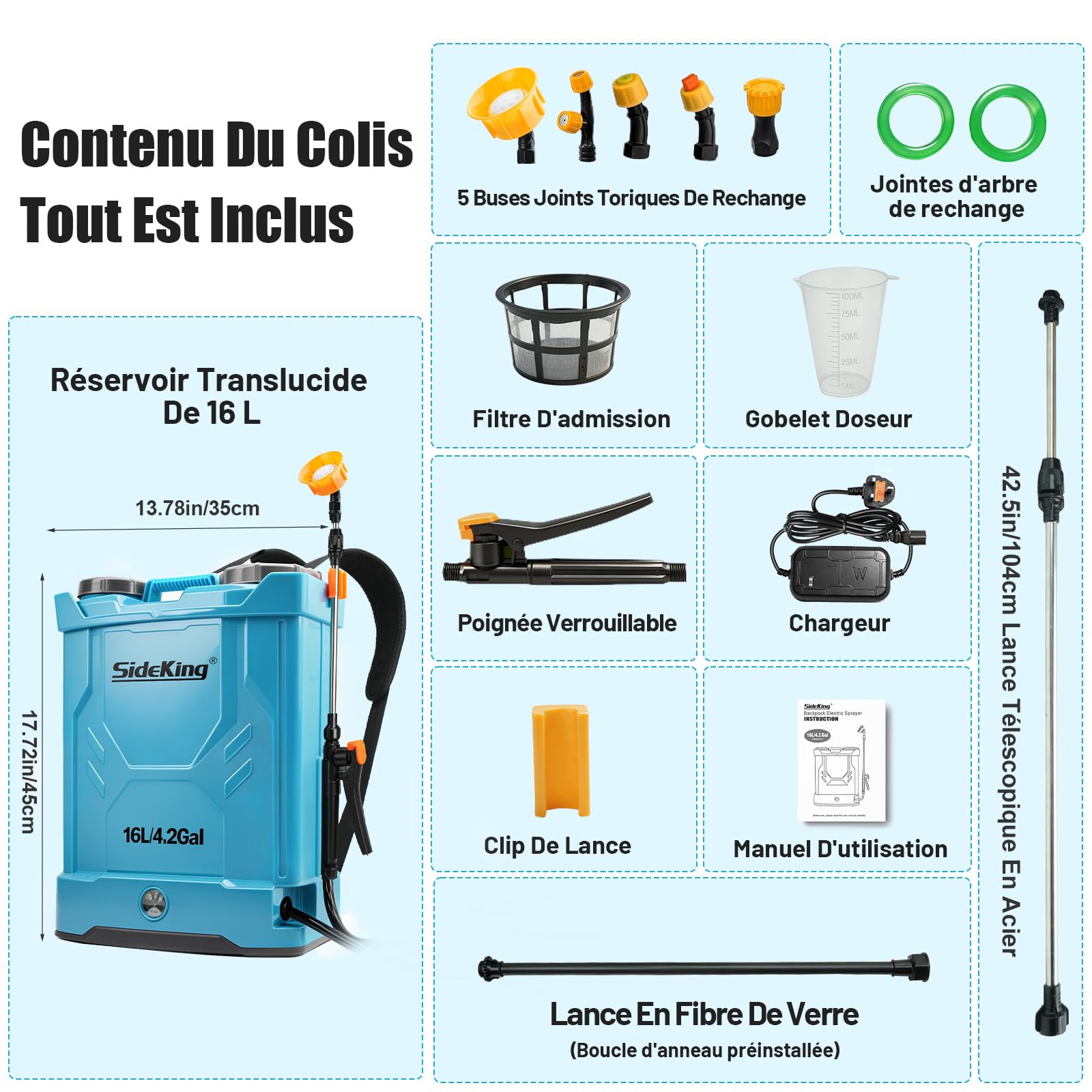 SideKing Pulvérisateur Électrique à Dos 16L, Pulvérisateur de Jardin Pression Réglable Jusqu’à 8,3 Bars, 2 Lances, Dossier Ergonomique, 5 Buses, Pulvérisateur Toiture Nettoyage Anti-Mousse & Façade