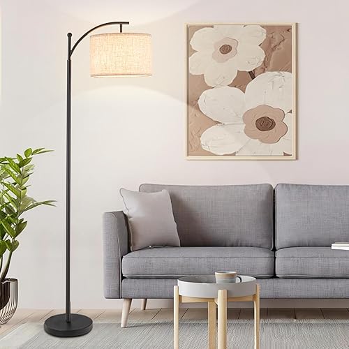 Newfs Floor Lamp for Living Room, Arc Floor Standing lamp with Linen lampshade, Modern Metal Tall Lamps Floor Reading Lamp - Heavy Base Living Room Lamps for Bedroom, Kids Room, Office (Black)