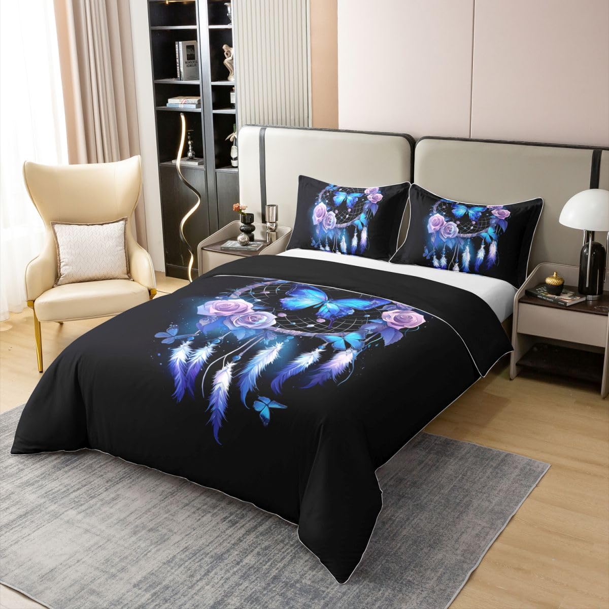 Homewish Schmetterling Traumfänger Bettwäsche 135x200 Baumwolle Boho Traumfänger Bettwäsche Set Lila Rose Bettbezug Fantasie Verträumt Bettset Schlafzimmer Dekor