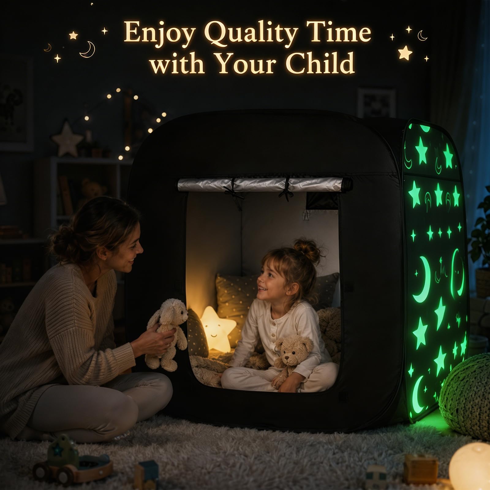 Tenda sensoriale, tenda pop-up per bambini con stelle e lune che si illuminano alla notte, per calmare e favorire la concentrazione, tenda oscurante sensoriale per interni, autismo, SPD, ansia, ADHD